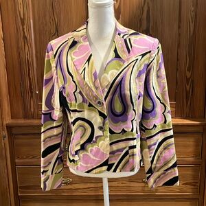 Latina Life jacket purples green black tan print 14